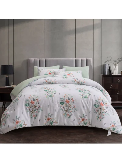 Donetella Comforter Set 6-Pcs King Size Printed Reversible Double Bed Fit 200 x200 CM All Season Comforter With (350 GSM) Down Alternative Filling, Green White