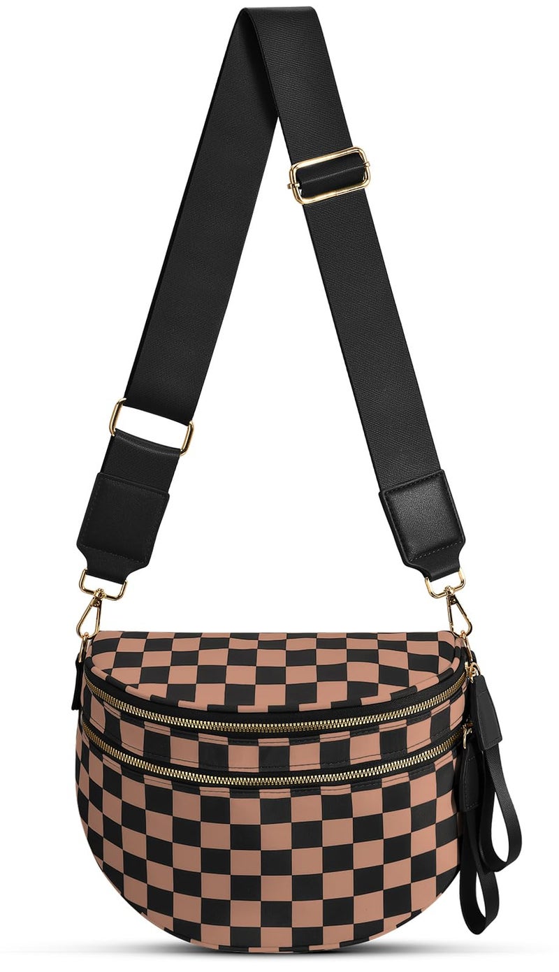 Becokan Checkered Nylon Crossbody Bag Bum Bag for Women Mom Spacious Checkered Crossbody Purses Shoulder Handbag - Image 1