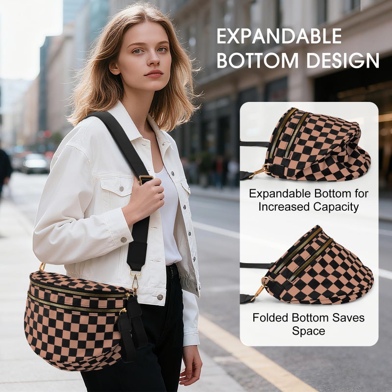 Becokan Checkered Nylon Crossbody Bag Bum Bag for Women Mom Spacious Checkered Crossbody Purses Shoulder Handbag - Image 5