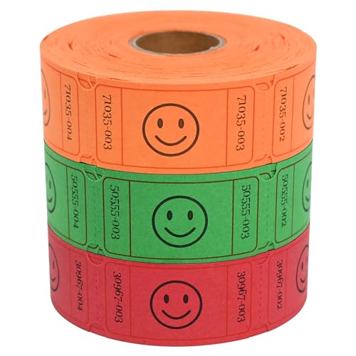 L LIKED 1500 Raffle Ticket Rolls 3 Assorted Colors 1x2 Inch Smile Ticket for Events Entry Class Reward Parties GiveawaysPrizes Red Orange Green - Image 1