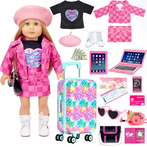 ARTST American 18 inch Doll Clothes Accessories Girl Suitcase Luggage Travel SetDoll Clothing Hat Handbag Sunglasses Camera Computer Passport Cell Phone for Valentines Day BirthdayNO Doll - Image 1