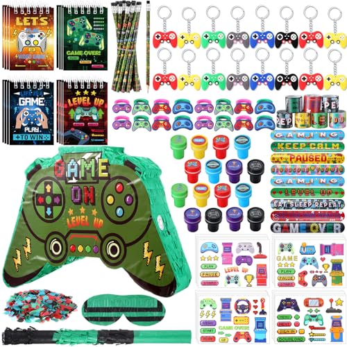 Spakon 113 Pcs Video Game Piata Video Game Birthday Party Supplies Piata Set 16 Mini Notebook 16 Pencil 16 Keychain 16 Silicone Bracelet 16 Mini Rings 16 Sticker 16 Stamp Party Supplies Gifts - Image 1