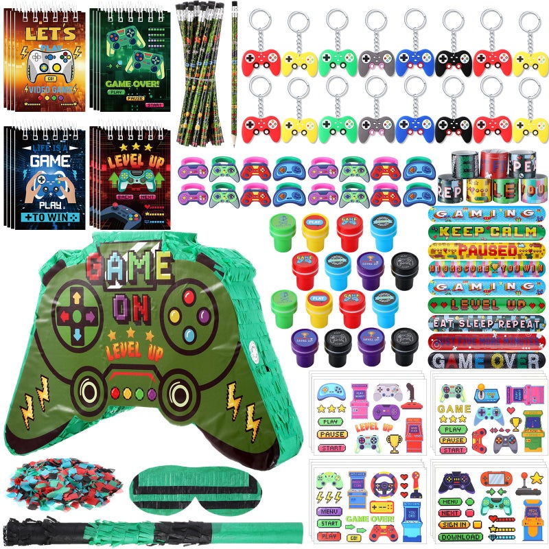 Spakon 113 Pcs Video Game Piata Video Game Birthday Party Supplies Piata Set 16 Mini Notebook 16 Pencil 16 Keychain 16 Silicone Bracelet 16 Mini Rings 16 Sticker 16 Stamp Party Supplies Gifts - Image 3