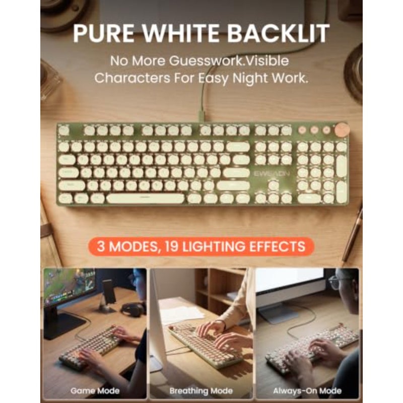 EWEADN Typewriter Style Mechanical Gaming Keyboard, 104 Keys Backlit LED Keyboard, Media Control Knob, Wired Computer Keyboard Pink Switch for Windows/Mac/PC - Image 3