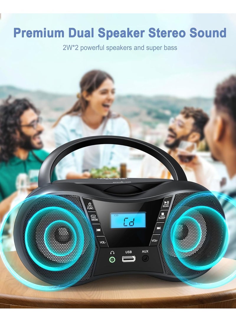 جوبيلين مشغل أقراص مضغوطة (CD) مع راديو FM، وبلوتوث 5.1، وصوت نقي، وشاشة LCD، ومدخل USB/AUX، يعمل بالتيار المتردد أو البطارية، متوافق مع أقراص CD/CD-R/CD-RW، ومقبس سماعة رأس 3.5 مم، ومؤقت إيقاف تلقائي، مناسب للاستخدام المنزلي وكبار السن والأطفال - Image 4