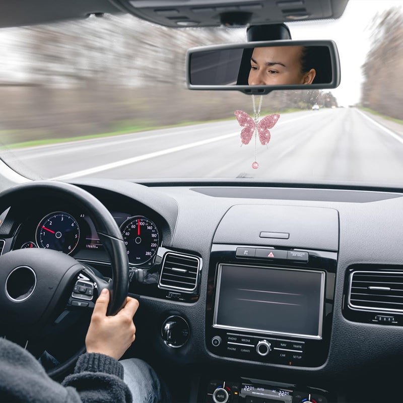 zipelo Bling Butterfly Diamond Car Accessories  Crystal Car Rear View Mirror Charms for Women  Car Decoration Lucky Gifts Hanging Interior Crystal Ornament Pendant Decor for All Cars (Pink) - Image 5