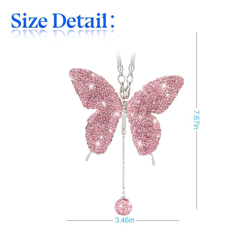 zipelo Bling Butterfly Diamond Car Accessories  Crystal Car Rear View Mirror Charms for Women  Car Decoration Lucky Gifts Hanging Interior Crystal Ornament Pendant Decor for All Cars (Pink) - Image 2
