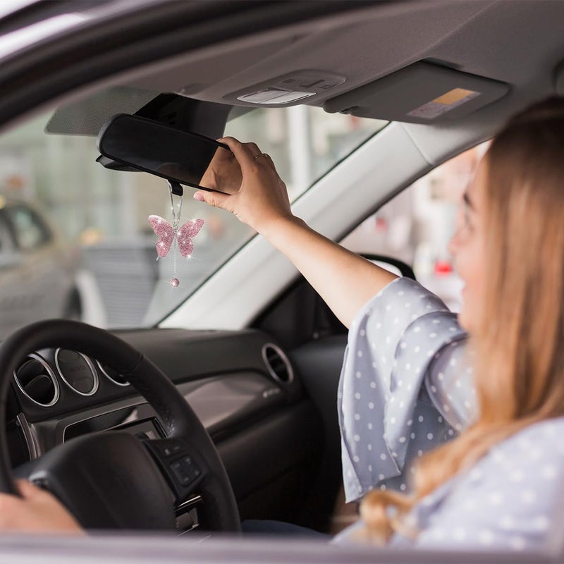 zipelo Bling Butterfly Diamond Car Accessories  Crystal Car Rear View Mirror Charms for Women  Car Decoration Lucky Gifts Hanging Interior Crystal Ornament Pendant Decor for All Cars (Pink) - Image 3