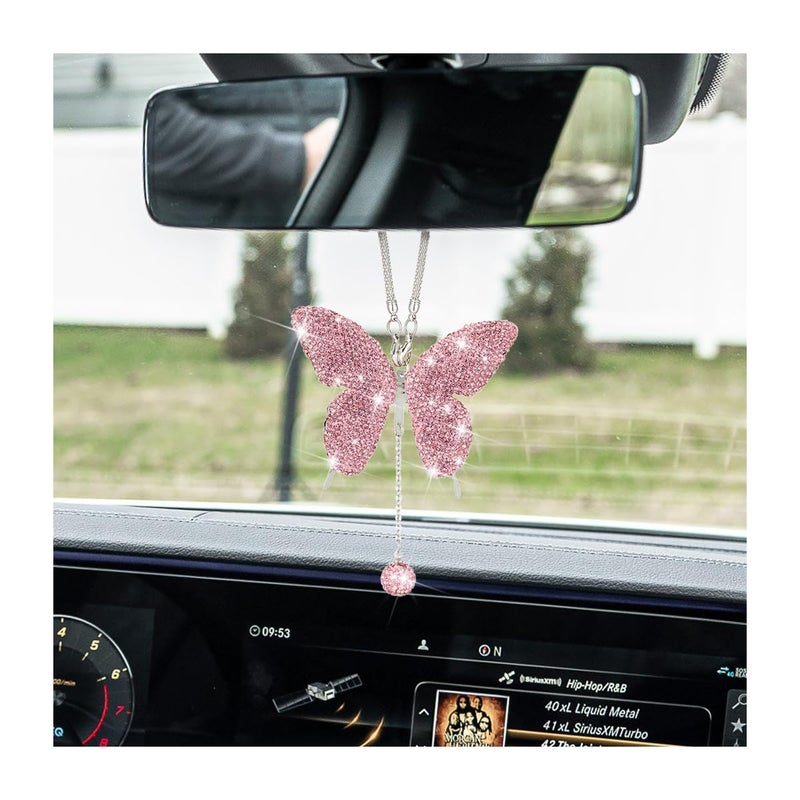 zipelo Bling Butterfly Diamond Car Accessories  Crystal Car Rear View Mirror Charms for Women  Car Decoration Lucky Gifts Hanging Interior Crystal Ornament Pendant Decor for All Cars (Pink) - Image 1