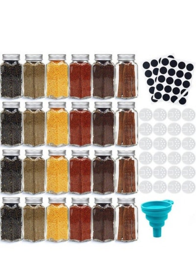 MIXDE 24-Piece Glass Spice Jars with 48 Labels Stickers 120ml Empty Square Spice Containers,24 Shaker Lids and Airtight Metal Caps, Paint Pen, Silicone Collapsible Funnel  - Image 1