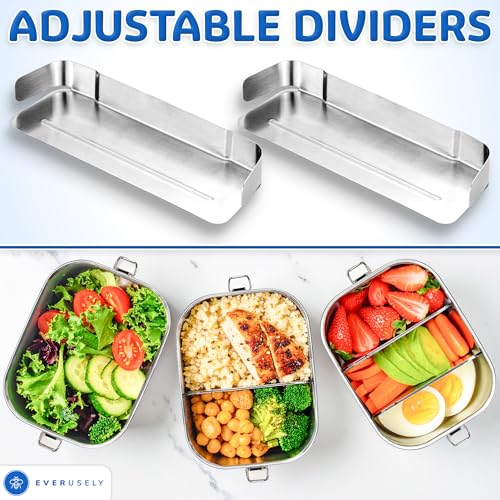 Everusely - Stainless Steel Lunch Box - 47 oz / 1.4 L, 2 Adjustable Dividers - Leakproof Snack and Salad Bento Containers for Adults - Food Storage Boxes with Lids for Work, Picnics, Travel - Image 3