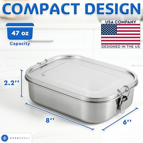 Everusely - Stainless Steel Lunch Box - 47 oz / 1.4 L, 2 Adjustable Dividers - Leakproof Snack and Salad Bento Containers for Adults - Food Storage Boxes with Lids for Work, Picnics, Travel - Image 2