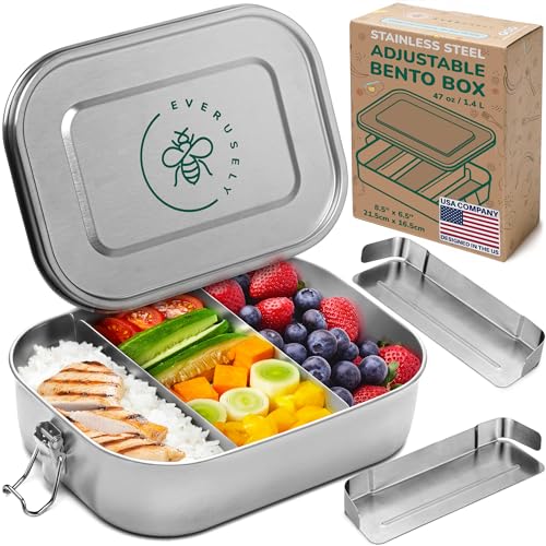 Everusely - Stainless Steel Lunch Box - 47 oz / 1.4 L, 2 Adjustable Dividers - Leakproof Snack and Salad Bento Containers for Adults - Food Storage Boxes with Lids for Work, Picnics, Travel - Image 1