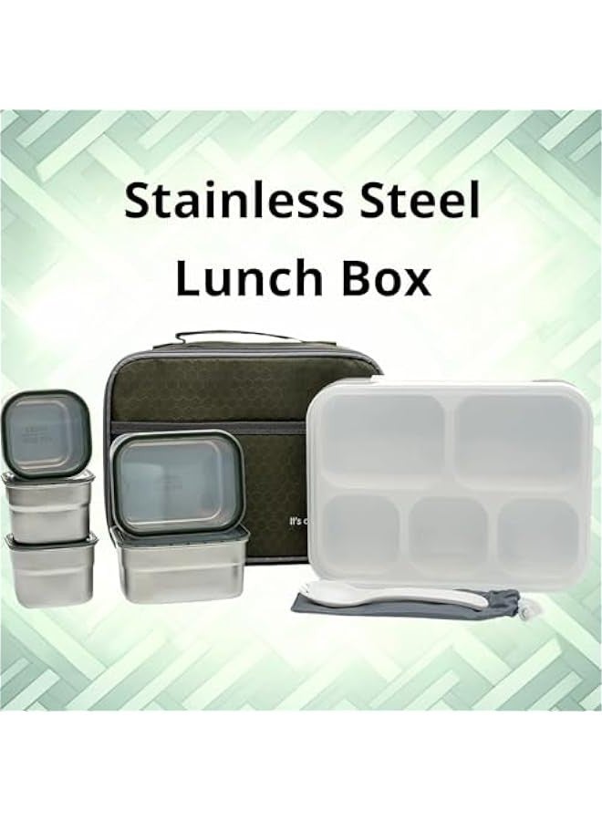 Beauenty Stainless Steel Lunch Box for Kid School,Insulated Bento Lunch Box with Tableware & Bag, 5 Compartment Divided Lunch Containers with Lids,Leakproof | BFA Free | Dishwasher Safe (Prime Green, 1000ml) - Image 3