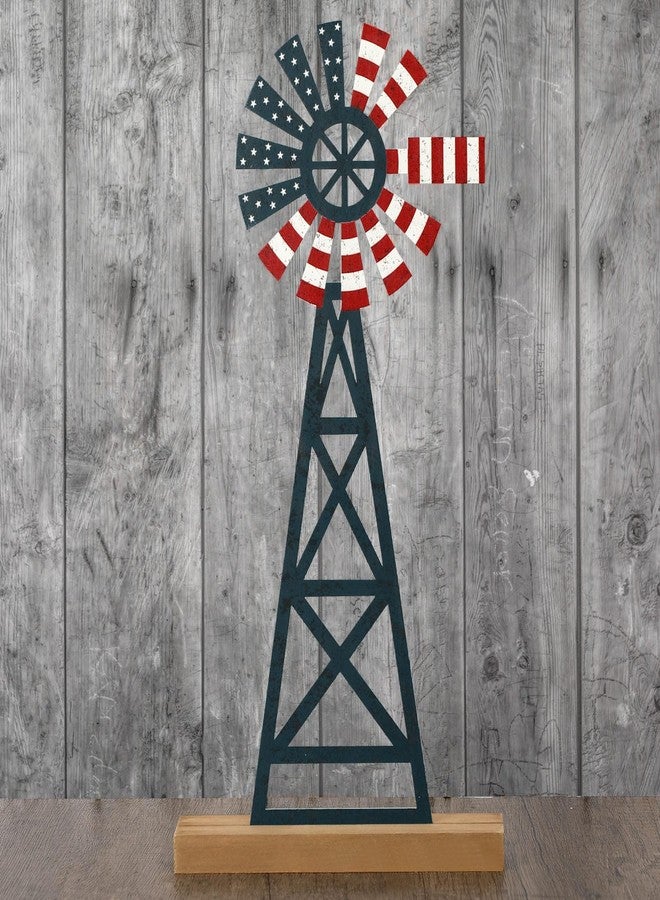 Tandefio 1 Pcs Patriotic Farmhouse Windmill Table Top 11.8 Inch Metal Rustic 4th of July Vintage Desk Shelf Decor Farmhouse American Red White Blue Windmill for 250th Anniversary Memorial Day Home - Image 1