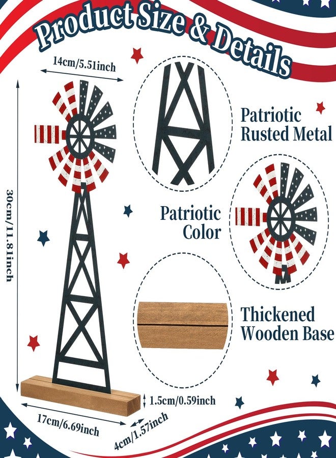 Tandefio 1 Pcs Patriotic Farmhouse Windmill Table Top 11.8 Inch Metal Rustic 4th of July Vintage Desk Shelf Decor Farmhouse American Red White Blue Windmill for 250th Anniversary Memorial Day Home - Image 2