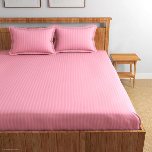 Blue Strip 220 TC Glace Cotton Satin Stripes Plain Bedsheet for Double Bed with Two Pillow Covers for Home/Hotels/Guest House,Size-90x90 Inches(Flat) (Baby Pink) - Image 1