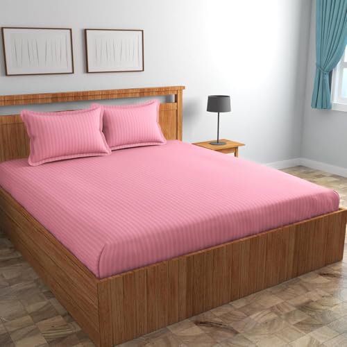 Blue Strip 220 TC Glace Cotton Satin Stripes Plain Bedsheet for Double Bed with Two Pillow Covers for Home/Hotels/Guest House,Size-90x90 Inches(Flat) (Baby Pink) - Image 2