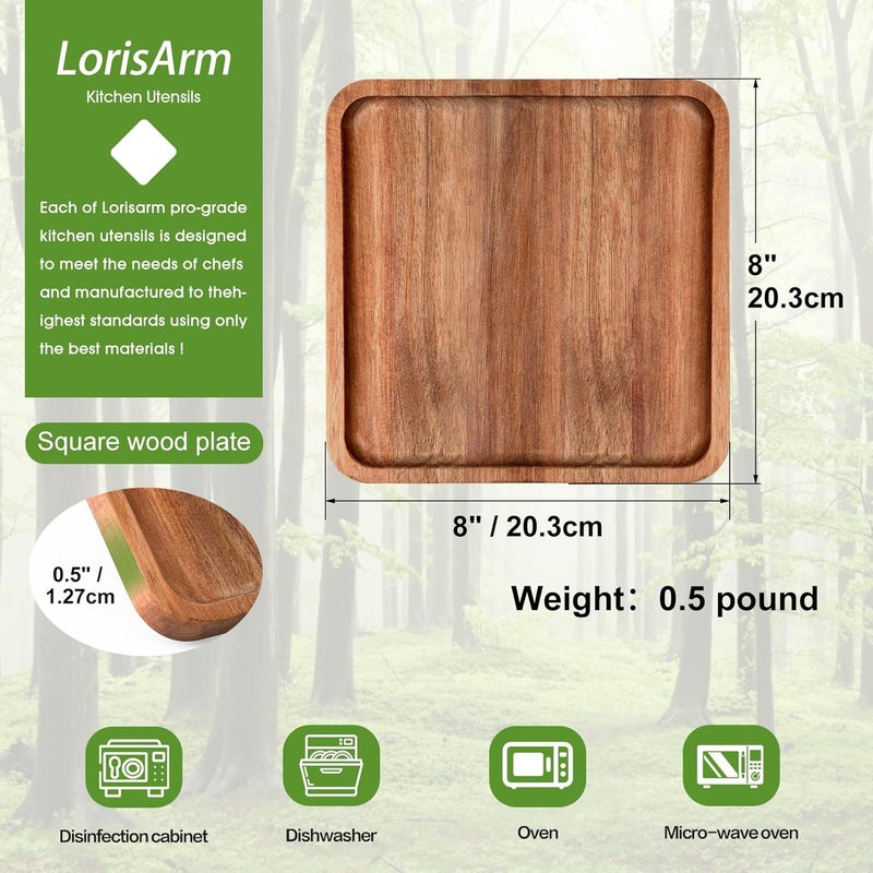 LorisArm 8 Acacia Wood Plate Square Wooden Trays Serving Platter Dinner Server Tray Dessert Cookie Snack Fruit Serving Board - Image 4