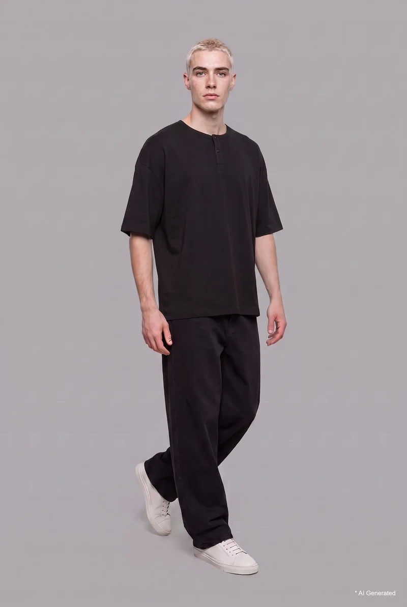 Defacto Boxy Fit Basic Short Sleeve Henley T-Shirt