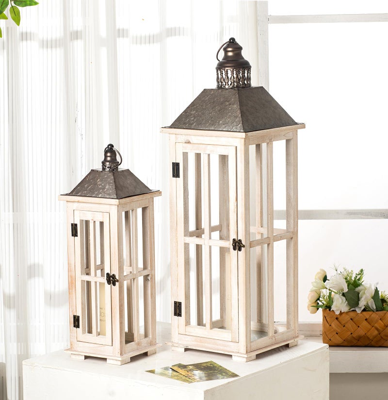 TIMRIS Large Rustic Wooden Decorative Lantern Set of 2 Modern Farmhouse Distressed Whitewash Floor Candle Lanterns IndoorOutdoor Hanging Lanterns for Home Decor No Glass