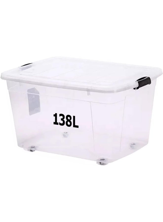 Premify Storage Box 138 L With Lockable Lid & Wheels | Clear Plastic Organizer | Transparent Box For Storing Clothes, Toys, Tools, Medicine, Office/Kitchen Supplies, Arts & Crafts (1 Box 138L) - Image 1