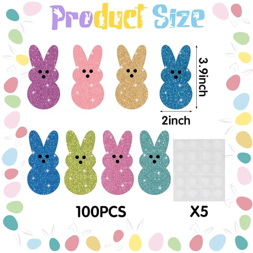 BWkoss 100Pcs Easter Glitter Bunny Cutouts Colorful Rabbit Paper Cutouts Spring Bunny Peeps Paper Die Cut with Glue Points for Kids Party Classroom Office Bulletin Board Decorations Craft Projects Supplies - Image 2