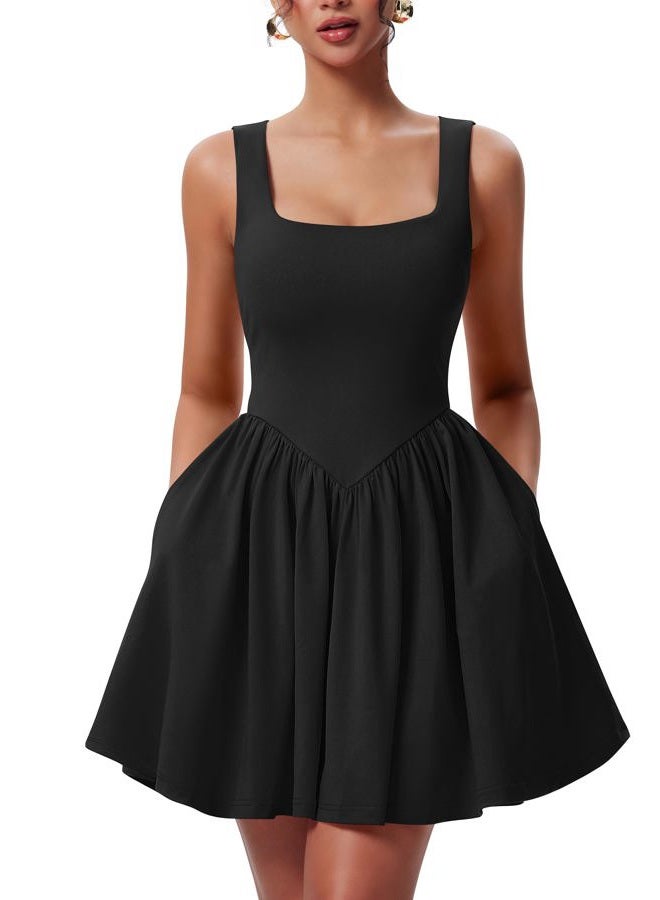 YMDUCH Women's Summer Sleeveless Square Neck A-line Ruffle Hem Mini Tank Dress with Pockets, Black, S - Image 1