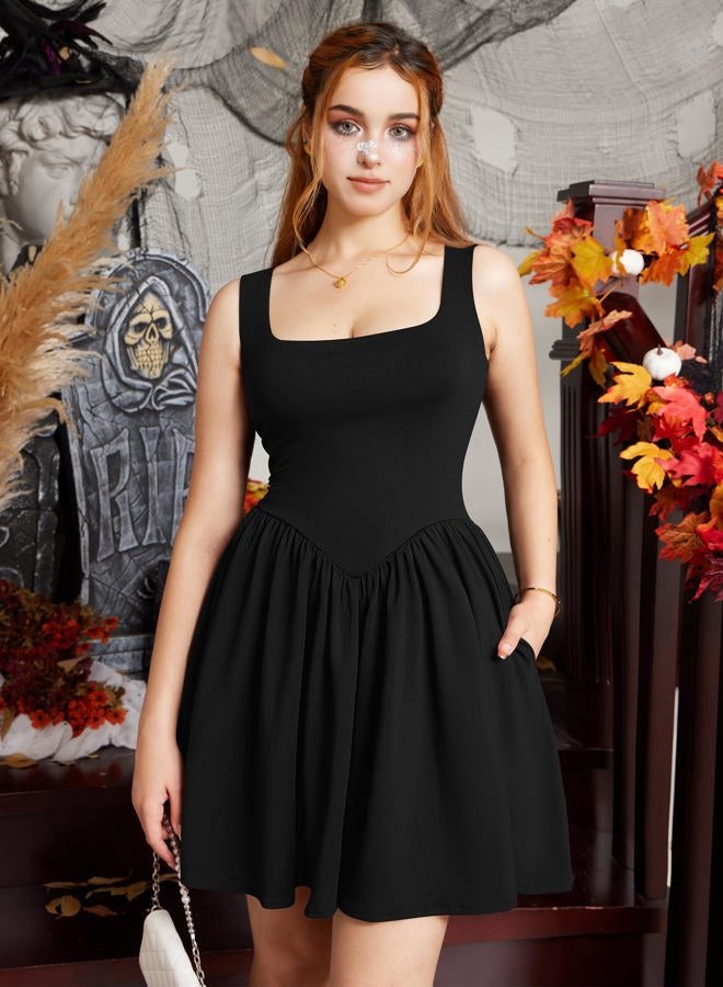 YMDUCH Women's Summer Sleeveless Square Neck A-line Ruffle Hem Mini Tank Dress with Pockets, Black, S - Image 3