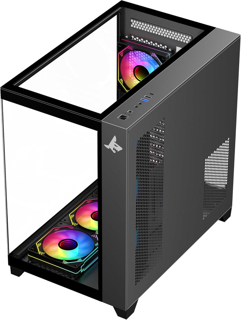 SHARX PROFIN ATX Mini-Tower Gaming PC Case with 7X 120mm ARGB Fans with Controller, Tempered Glass Black PC Case, Ports: Type-C, USB3.0, USB2.0, Power & Reset Button - Image 3