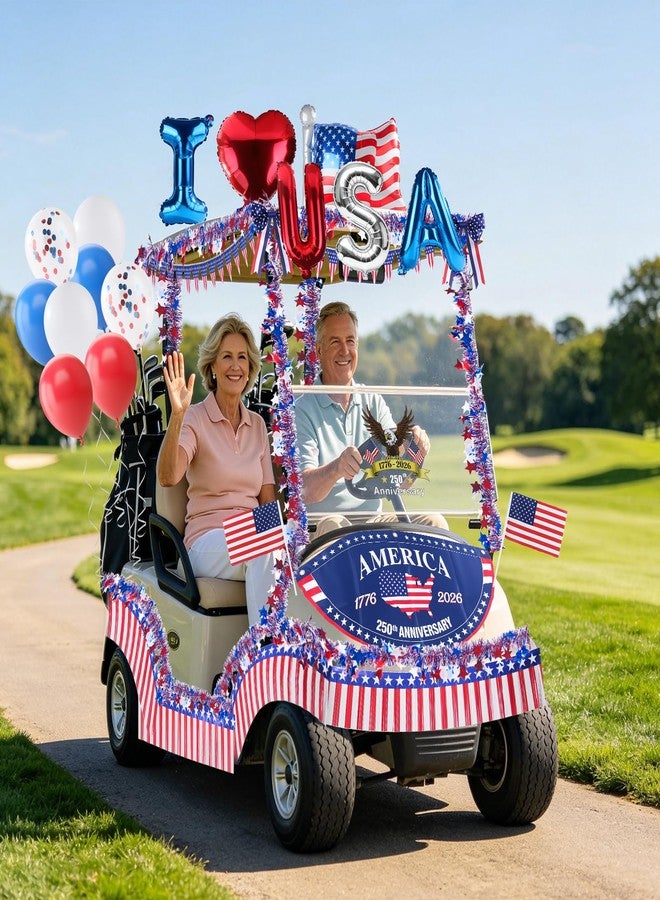 GKLTVB 4th of July Golf Cart Decorations Kit, 250th Patriotic Parade Golf Cart Decor with USA Foil Balloons, Pennant Flags, 1776-2026 Fan Flag & Eagle Sticker for Independence Day & Memorial Day - Image 5