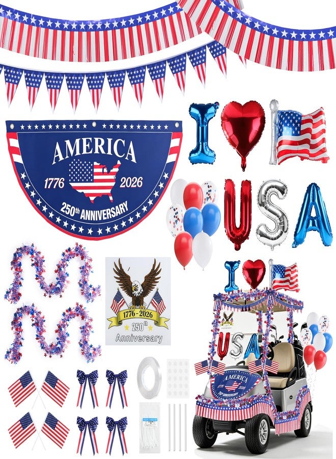 GKLTVB 4th of July Golf Cart Decorations Kit, 250th Patriotic Parade Golf Cart Decor with USA Foil Balloons, Pennant Flags, 1776-2026 Fan Flag & Eagle Sticker for Independence Day & Memorial Day - Image 1