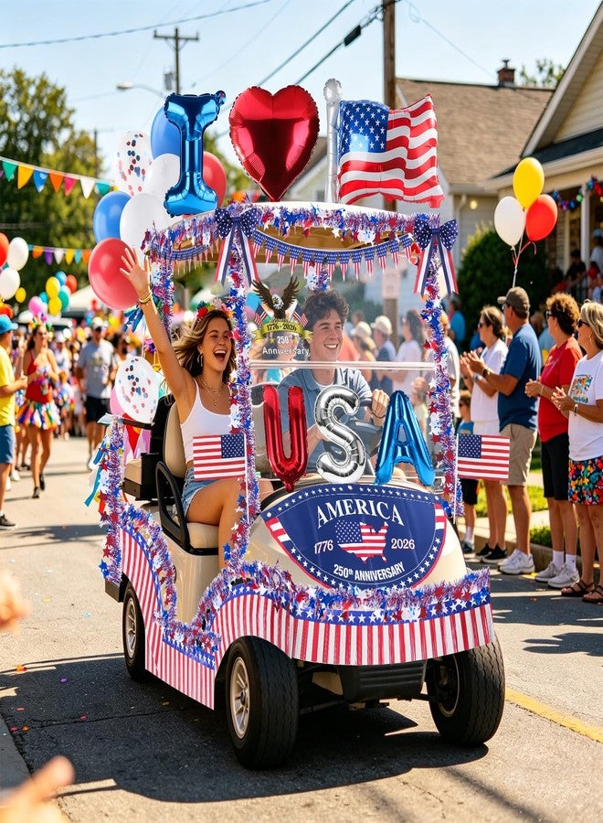 GKLTVB 4th of July Golf Cart Decorations Kit, 250th Patriotic Parade Golf Cart Decor with USA Foil Balloons, Pennant Flags, 1776-2026 Fan Flag & Eagle Sticker for Independence Day & Memorial Day - Image 2