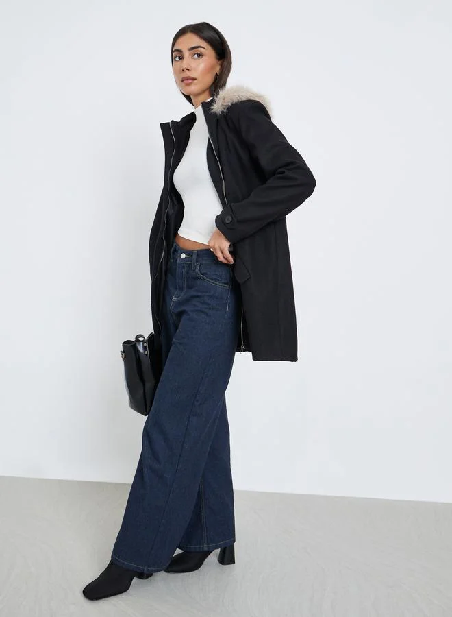 Styli Black Longline Wool Like Coat with Faux Fur Trim