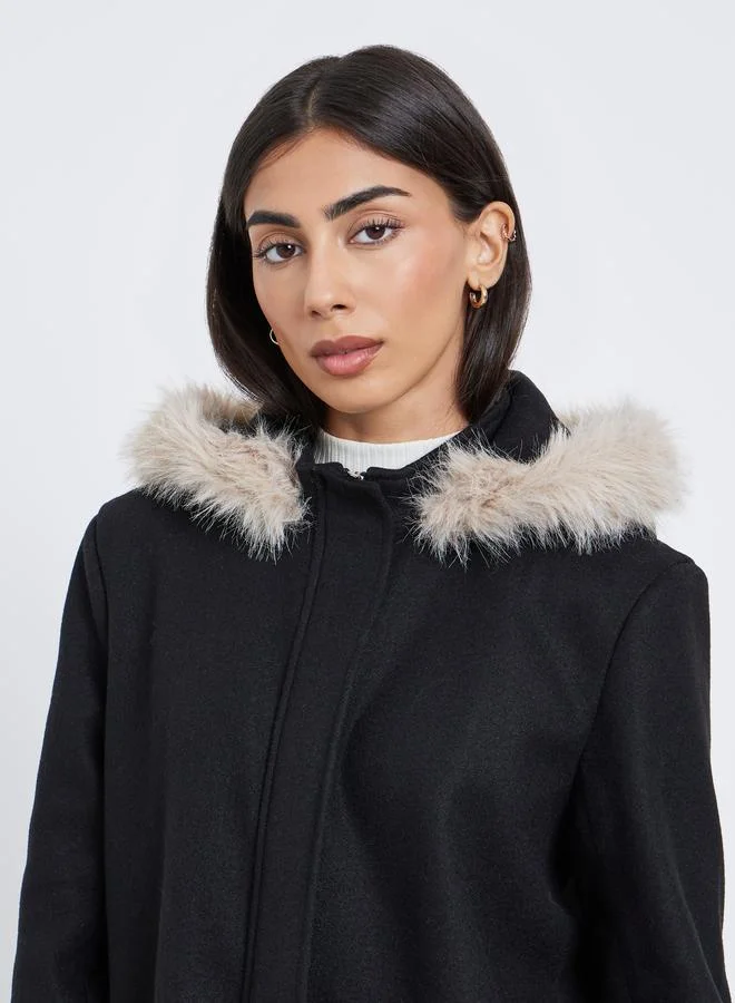 Styli Black Longline Wool Like Coat with Faux Fur Trim