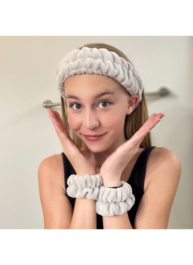 FROG SAC - FROG SAC Puffy Spa Headband and Wristbands for Face Washing, Fuzzy Skincare Headbands for Women, Soft Makeup Skin Care Hair Accessories for Girls, Bubble Make Up Sleepover Party Supplies (Gray) - Image 1