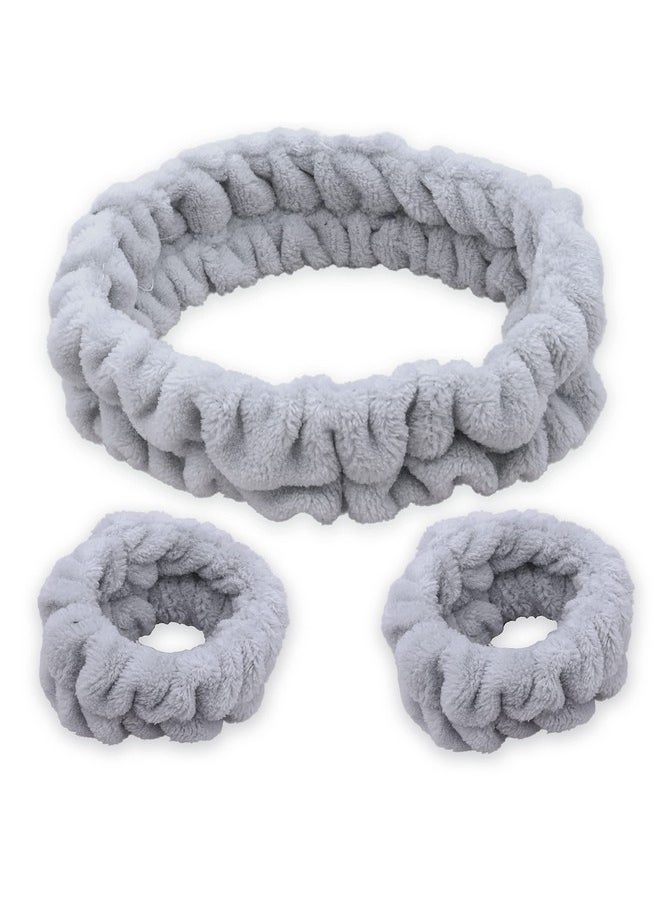 FROG SAC - FROG SAC Puffy Spa Headband and Wristbands for Face Washing, Fuzzy Skincare Headbands for Women, Soft Makeup Skin Care Hair Accessories for Girls, Bubble Make Up Sleepover Party Supplies (Gray) - Image 1