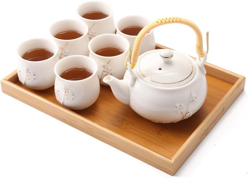 DUJUST Japanese Tea Set, White Porcelain Tea Set with 1 Teapot Set, 6 Tea Cups, 1 Tea Tray, 1 Stainless Infuser, Cute Asian Tea Sets for Adults/Tea Lover/Women/Men (Plum in Golden) - Image 1