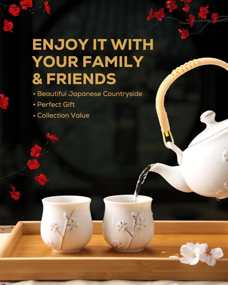 DUJUST Japanese Tea Set, White Porcelain Tea Set with 1 Teapot Set, 6 Tea Cups, 1 Tea Tray, 1 Stainless Infuser, Cute Asian Tea Sets for Adults/Tea Lover/Women/Men (Plum in Golden) - Image 2