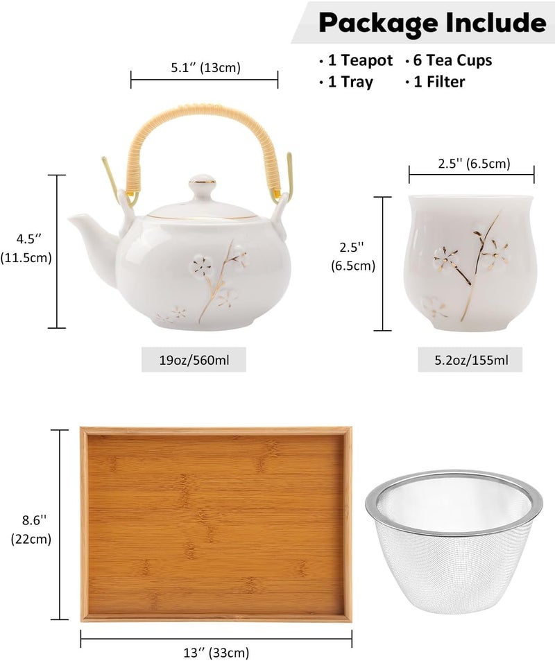 DUJUST Japanese Tea Set, White Porcelain Tea Set with 1 Teapot Set, 6 Tea Cups, 1 Tea Tray, 1 Stainless Infuser, Cute Asian Tea Sets for Adults/Tea Lover/Women/Men (Plum in Golden) - Image 5