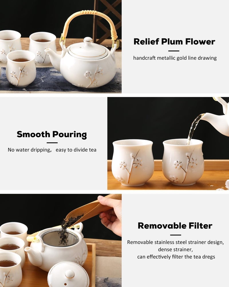 DUJUST Japanese Tea Set, White Porcelain Tea Set with 1 Teapot Set, 6 Tea Cups, 1 Tea Tray, 1 Stainless Infuser, Cute Asian Tea Sets for Adults/Tea Lover/Women/Men (Plum in Golden) - Image 3