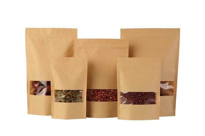 KRAFT PAPER STAND UP POUCHES WITH RECTANGLE TRANSPARENT WINDOW (FOOD GRADE) DIMENSION - 8 * 12 INCHES - BROWN COLOR (WITH ZIPLOCK) - PACK OF 100 PC