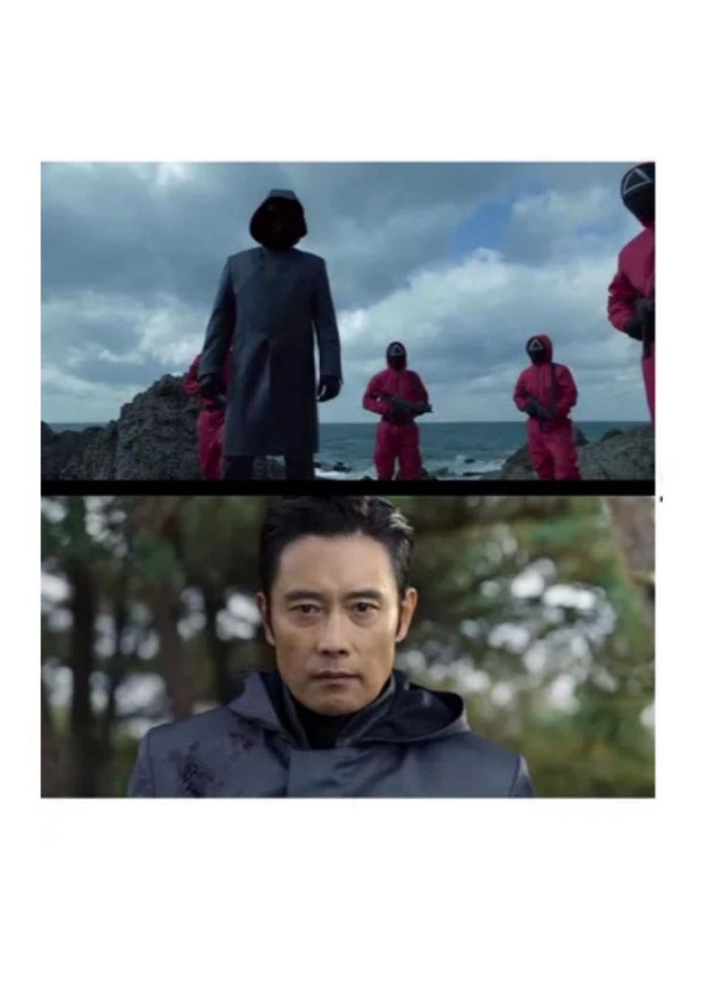 زي تنكري للعبة Squid Game، زي Squid Game The Front Man الكوري لعام 2021، معطف واق من المطر وقناع Cloak Boss، زي اللعبة