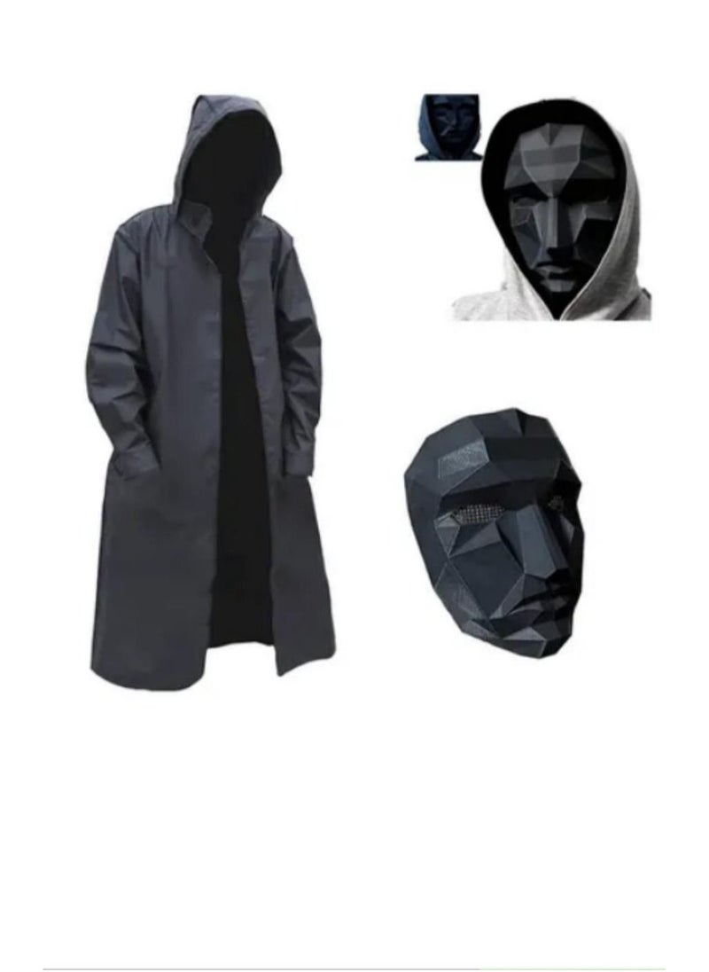 زي تنكري للعبة Squid Game، زي Squid Game The Front Man الكوري لعام 2021، معطف واق من المطر وقناع Cloak Boss، زي اللعبة