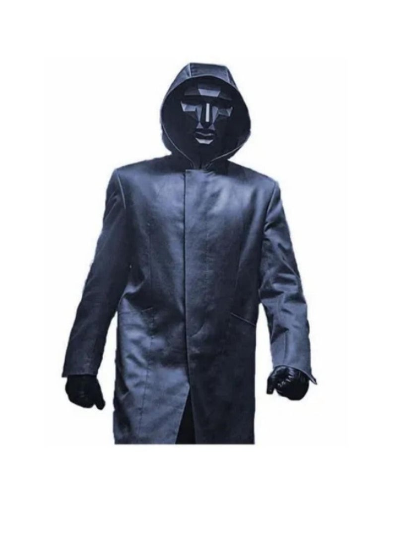 زي تنكري للعبة Squid Game، زي Squid Game The Front Man الكوري لعام 2021، معطف واق من المطر وقناع Cloak Boss، زي اللعبة