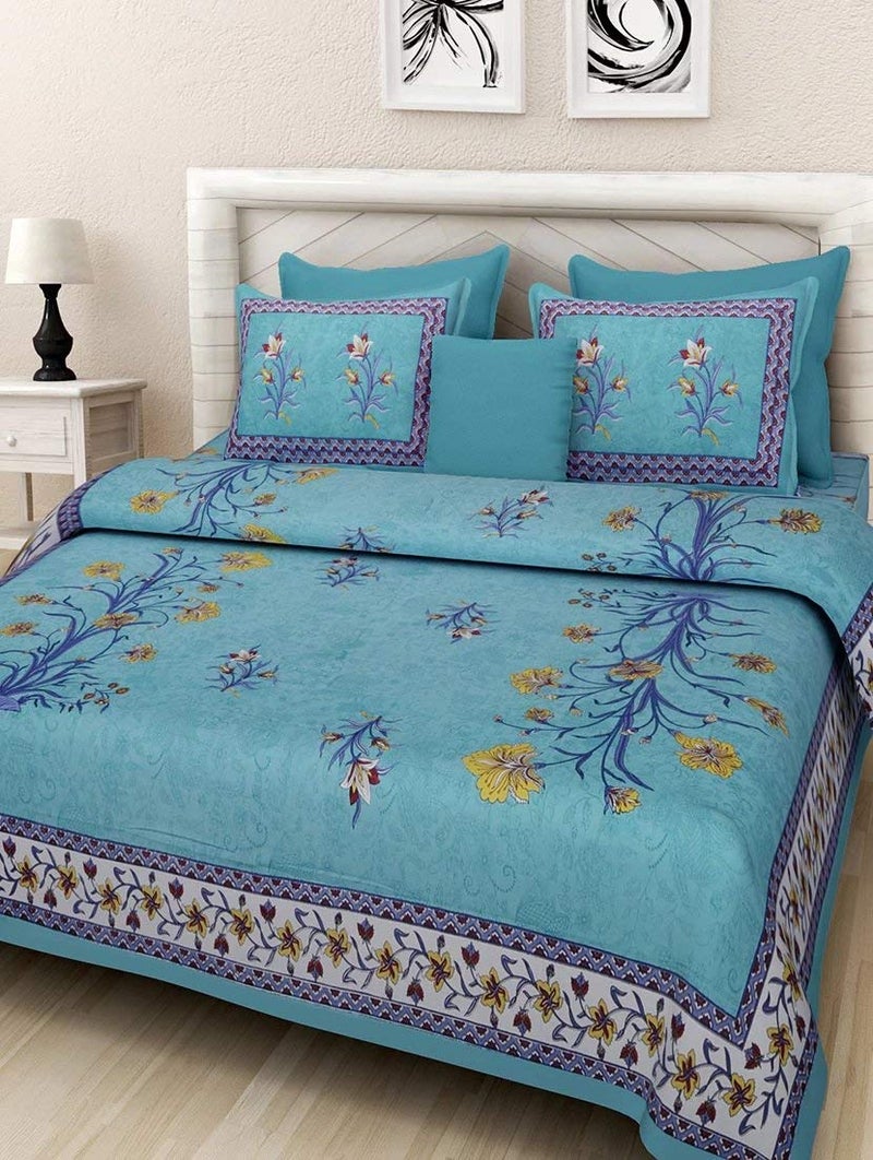 Monik Handicrafts 100 Cotton Rajasthani Jaipuri sanganeri Traditional King Size Double Bed Sheet with 2 Pillow Covers Tourquise