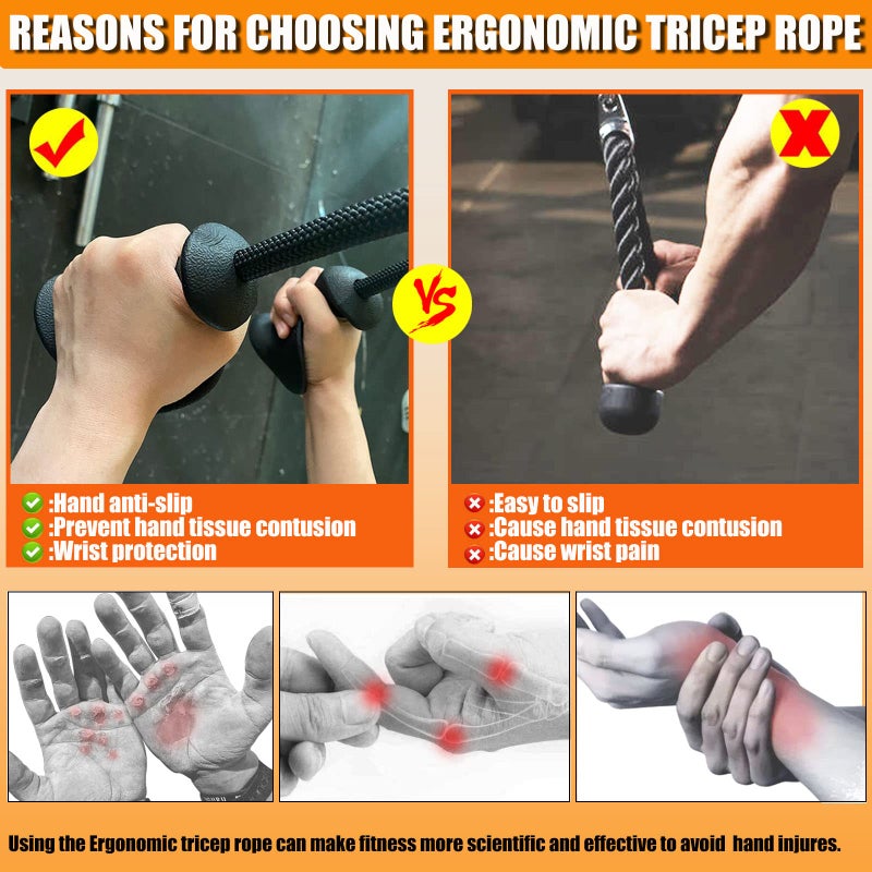 BLUSLM Ergonomic Tricep Rope Pull Down Attachment, Upgraded Long Triceps Rope Cable Attachments for Gym, LAT Pull Down Bar for Cable Machine, Tricep LAT Pulldown Workout Cable Attachments (Hand ROPE-03) - Image 5