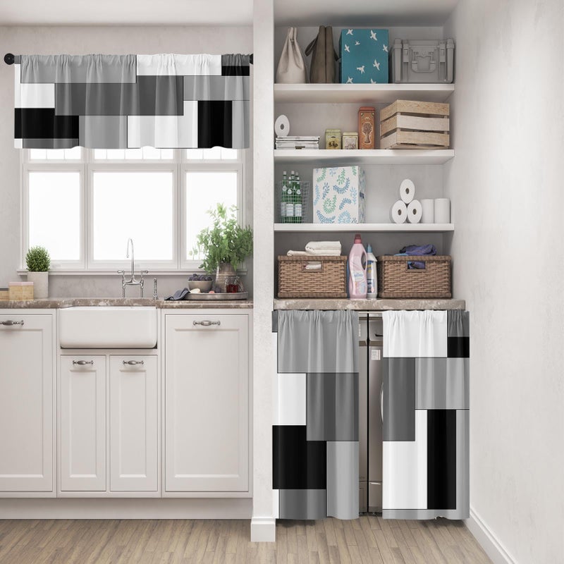 Tayney Black Grey Kitchen Window Curtains Valance and Tier Set, Dark Grey White Modern Rod Pocket Short Tier Curtain, Abstract Small Cafe Drapes for Kitchen Decor 52" x 24" - Image 2