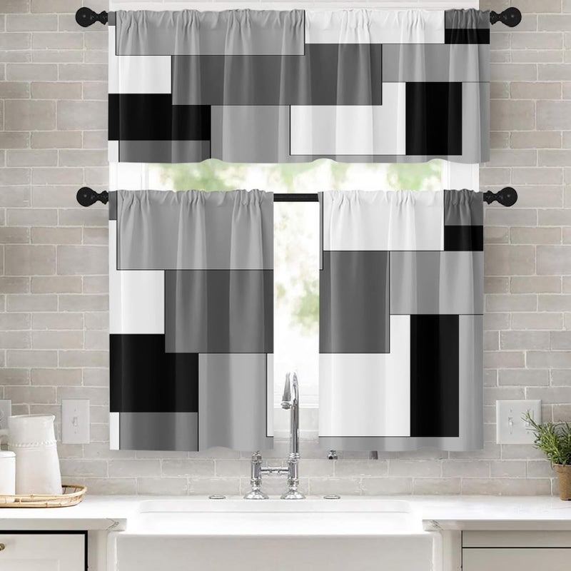 Tayney Black Grey Kitchen Window Curtains Valance and Tier Set, Dark Grey White Modern Rod Pocket Short Tier Curtain, Abstract Small Cafe Drapes for Kitchen Decor 52" x 24" - Image 1