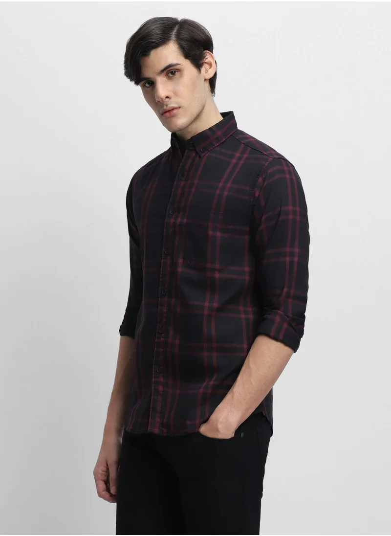دينيس لينغو Men's Black 100% Cotton Checkered Button Down Shirt